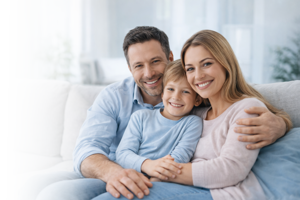 Rodzina na kanapie - zadowolona z zakupu pakietu medycznego Telezdrow